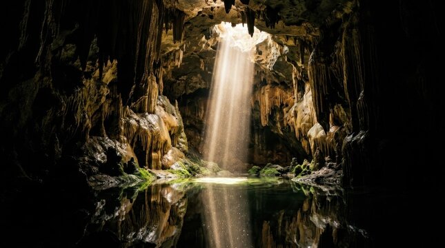 A deep cave interior illuminated by a single shaft of daylight descending through a ceiling collapse, the beam catching millions of floating dust and mineral particles in sharp