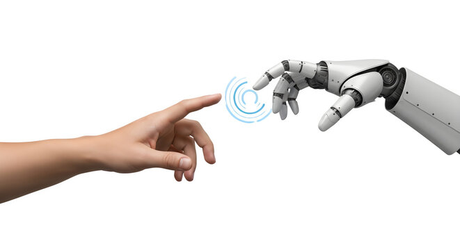 A human hand and a robotic hand touching with a blue swirl in between on a black background