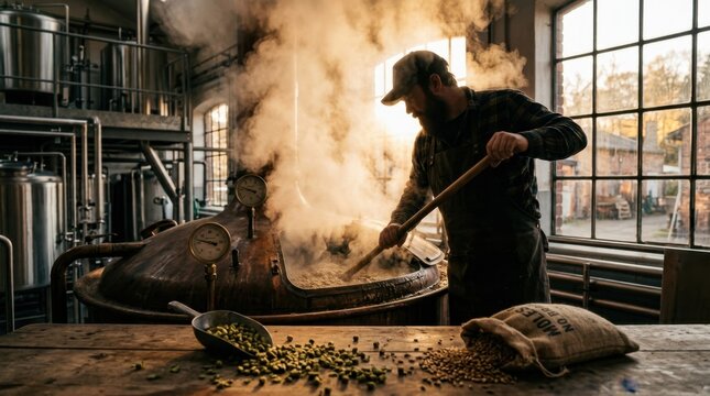 A moody editorial image representing the craft beer brewing process, a brewer standing over an open copper mash tun releasing a thick cloud of grain-scented steam that fills the