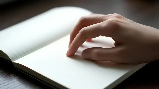 Hand Reading Braille Book Closeup.