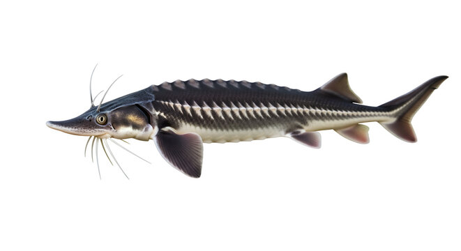 A sturgeon fish swims in the dark water with its distinctive scutes and whisker-like barbels visible.