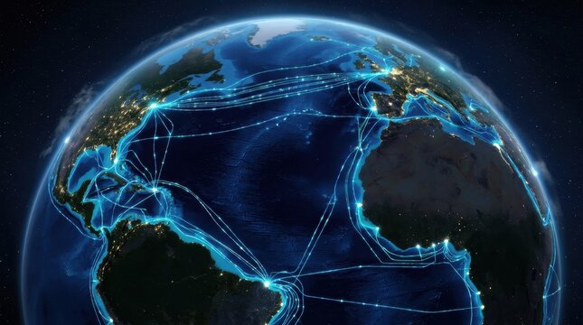 A conceptual image of global communication networks, a photorealistic rendering of Earth from low orbit with visible submarine fiber optic cable routes shown as luminous lines