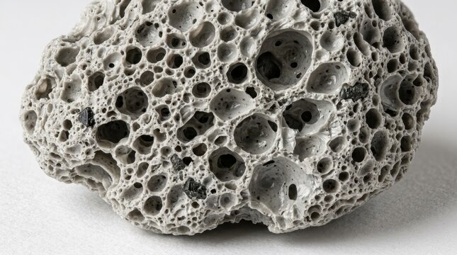 A macro view of a volcanic pumice stone at extreme magnification revealing its vesicular architecture, thousands of gas bubble voids of varying sizes creating an interconnected