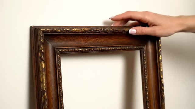 Hand holding empty picture frame closeup.