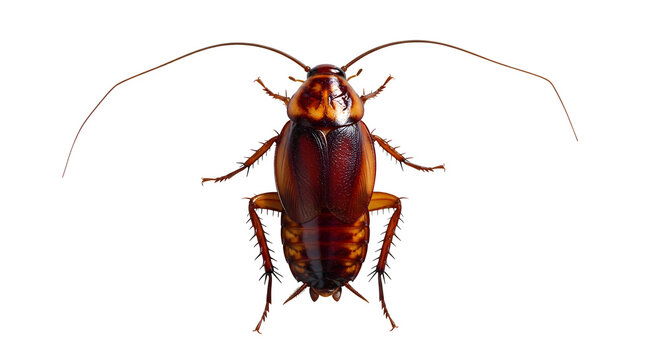 A close-up photograph of a cockroach on a black background