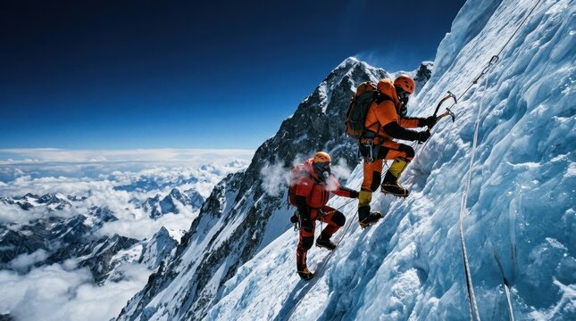 A high-altitude mountaineering scene just below a major summit, two climbers in expedition suits front-pointing up a steep blue ice face with technical axes, fixed rope visible