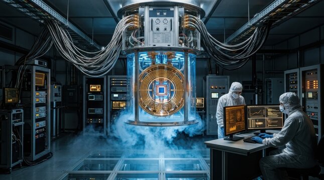 A futuristic quantum computing laboratory interior, a central quantum processor suspended in an elaborate dilution refrigerator unit, concentric rings of gold-plated shielding