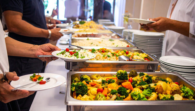 Buffet line with stainless trays of pasta, vegetables, salads, stack of plates, people serving&mdash;evoking communal dining, abundance, and social interaction around food.