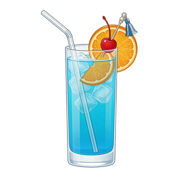 Vibrant Adios Motherfucker cocktail in a tall highball glass with a bright blue color, ice, a straw, and garnishes including orange slices and a cherry on a decorative pick