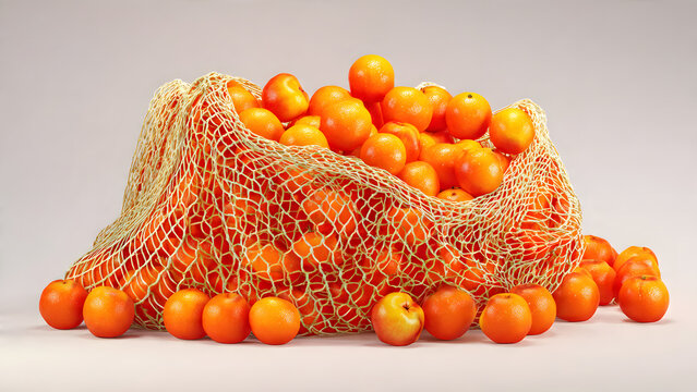  a group of fresh oranges packaged in a plastic mesh bag. Oranges or mandarins in a produce bag