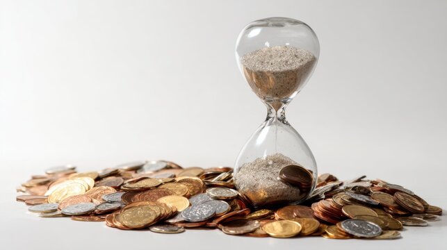 Hourglass with a pile of coins, symbolizing time and money concepts. The scene portrays the passage of time and the accumulation of wealth.
