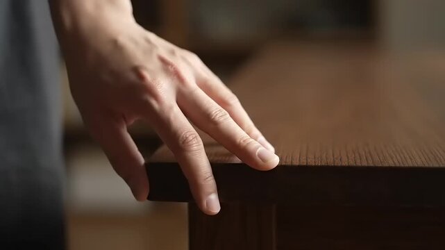 Hand touching brown wooden surface.