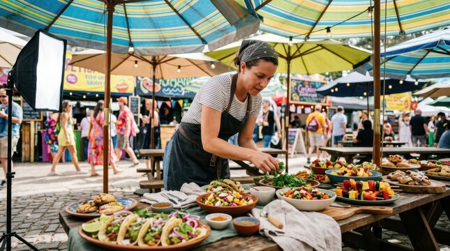 a distinct low-angle view showcasing the colorful food spread and the stylist in action, surrounded by shaded umbrellas that amplify the energetic vibe of the festival