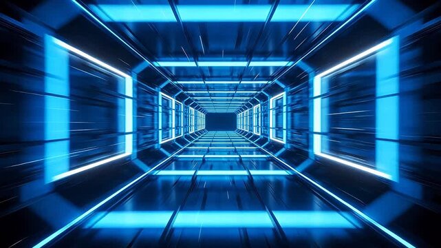 Neon blue lit tunnel with rectangular frames and motion blur