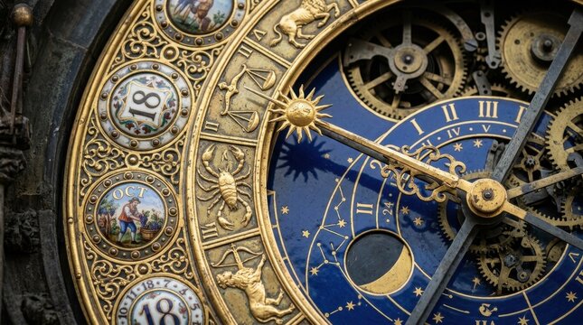A historic astronomical clock face photographed in extreme close-up detail, gilded astronomical and zodiac dials showing multiple simultaneous celestial cycles, the hand-painted