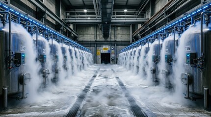 Obraz premium A cryogenic storage facility interior, rows of stainless steel liquid nitrogen tanks extending to a vanishing point, vapor cascading continuously from open fill ports and pooling