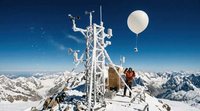A high-alpine meteorological station perches at four thousand meters, instruments mounted on a lattice tower rattling in visible wind, rime ice built up on every windward surface