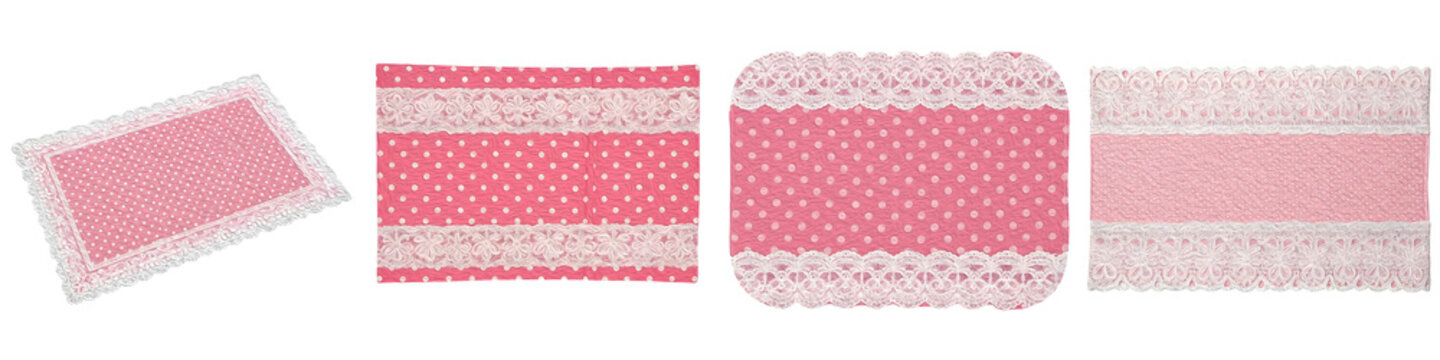 the set of pink and white polka dot placemats and napkins in PNG background .,