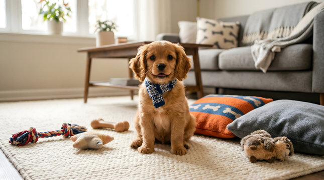 Golden retriever puppy wearing blue plaid scarf sitting on rug beside toys and bones