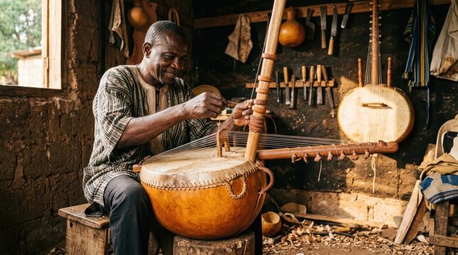 A traditional West African kora builder strings a completed instrument, threading the twenty-one strings through the bridge notches and tuning rings on the gourd resonator body