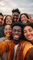Fototapeta premium Diverse group selfie of smiling young friends expressing joy, connection, friendship, inclusion, youth culture, social togetherness, energy, celebration, and warmth.