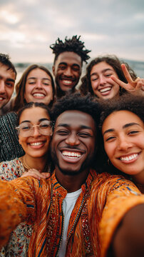 Diverse group selfie of smiling young friends expressing joy, connection, friendship, inclusion, youth culture, social togetherness, energy, celebration, and warmth.