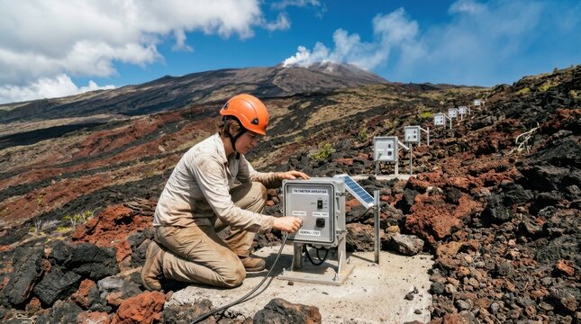 A volcanologist operates a tiltmeter array on an active shield volcano flank, kneeling beside a precision instrument housing set in a concrete pad, connecting a data cable while a