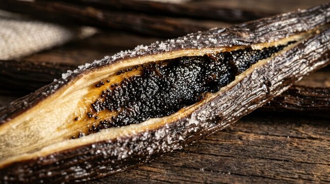 A macro view of a split open vanilla bean pod at peak cure, the interior showing thousands of microscopic vanilla seeds embedded in an oily resinoid matrix, the pod wall leathery