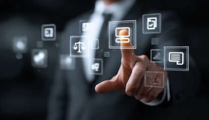 Fototapeta premium Businessman Interacting with Futuristic Digital Interface Icons.
