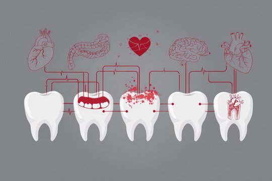 Diagram Illustrating Tooth Health and Disease Progression Connected to Organs.