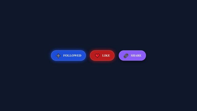 Modern digital interface buttons for social media engagement, featuring interactive follow, like, and share icons for web and app design projects and user experience