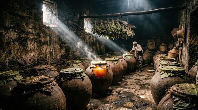 A traditional Ethiopian tej brewery, large clay vessels sealed with banana leaves fermenting honey wine in a cool stone room, thin shafts of light entering through high narrow