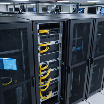 Abstract Server Technology. A Digital Server Room Filled With Computers For Tv And Internet Communications