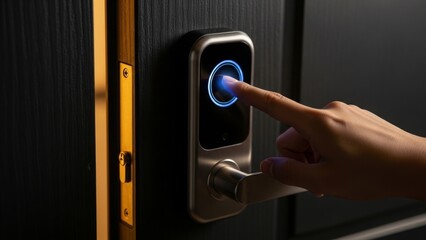 Naklejka premium Security - Fingerprint Biometric Smart Door Lock with Glowing Blue Sensor and Person Pressing Finger to Scan