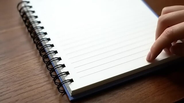 Hand on a spiral notebook page.
