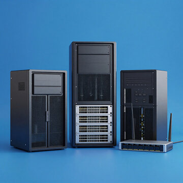 Art Deco Server Switch. Image Of Network Infrastructure Hardware (Router, Switch) On A Blue Background