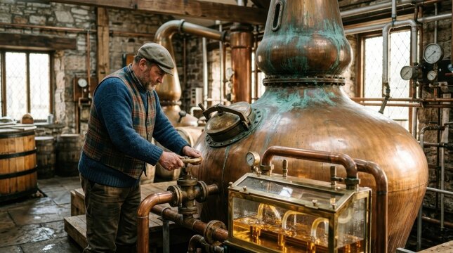 A traditional Scottish whisky distillery scene, a stillman adjusting the flow valve on a large copper pot still, the still's graceful onion-shaped form filling the frame, verdigris