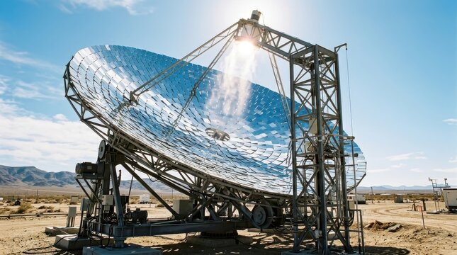 A large parabolic solar concentrator tracks the sun in a desert test facility, its thousands of individually angled mirror facets each reflecting a fragment of sky and creating a