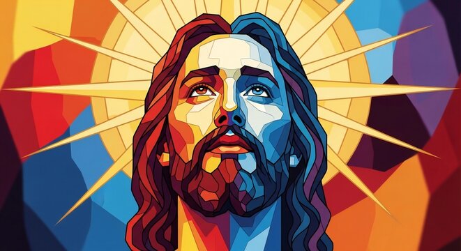 Vibrant geometric pop art illustration of jesus christ with a radiant sun halo background.