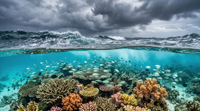 A split-level ocean photograph half above and half below the water surface simultaneously, above showing a dramatic storm sky with rolling dark clouds and whitecap waves, below