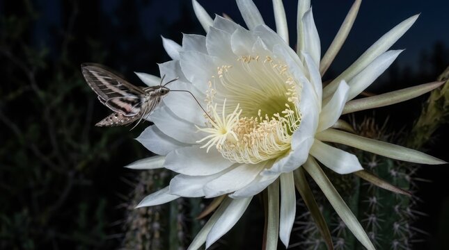 A night-blooming cereus cactus flower photographed at its single night of peak bloom, the enormous white flower fully open revealing a dense corona of cream stamens surrounding a