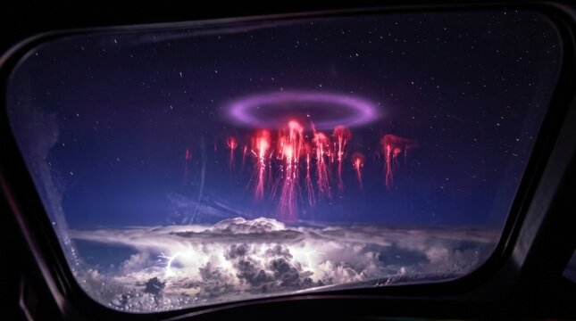 An electromagnetic storm in the upper atmosphere photographed from a high-altitude research aircraft, sprites and elves discharging above a thunderstorm anvil in transient red and