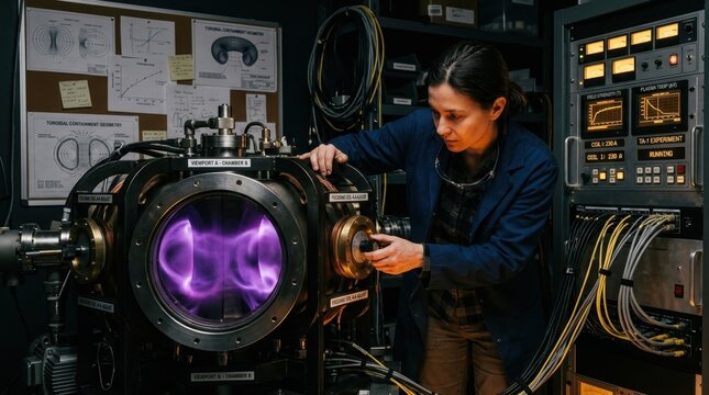 A plasma physicist adjusts focusing coils on a compact fusion experiment, the torus-shaped containment vessel glowing faint violet through a thick porthole as ionized gas