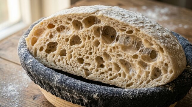 A macro photograph of bread dough at peak fermentation, gluten strands stretched to translucent membranes between gas bubbles of varying sizes, the internal structure open and