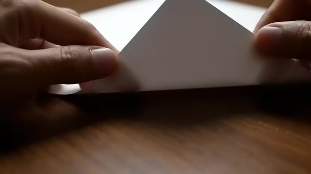 Hands folding paper into triangle shape.