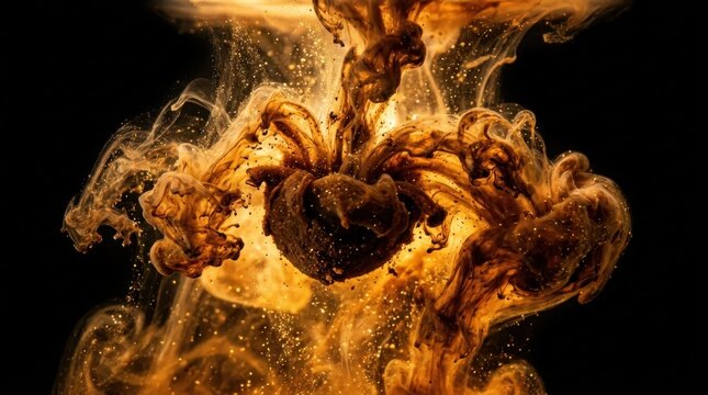 A macro photograph of a single drop of fermented miso paste dissolving into dashi broth, the dark paste cloud billowing outward in slow motion, amber and brown pigment tendrils