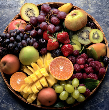 Round basket of exotic fruit grape kiwi mango orange apple strawberry raspberry blackberry pear tropical fresh vibrant