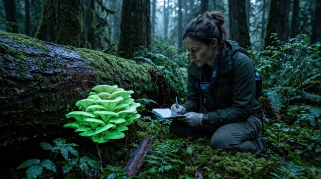 A mycologist in a temperate old-growth forest at dawn conducting a survey, kneeling beside a spectacular cluster of bioluminescent ghost fungi growing at the base of a