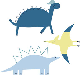 Nursery dinosaur character set with brachiosaurus, stegosaurus and pterodactyl in a playful doodle vector style. © Md