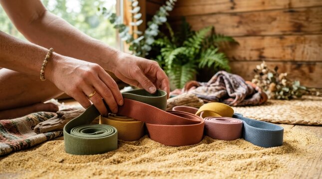 a close-up of the resistance bands creatively arranged in the golden sand of the sauna area, with the influencer's hands in the frame as she styles outfits for a festival